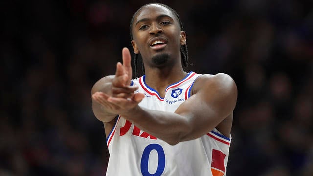 Philadelphia 76ers' Tyrese Maxey reacts after scoring during the second half of an NBA basketball game against the San Antonio Spurs 